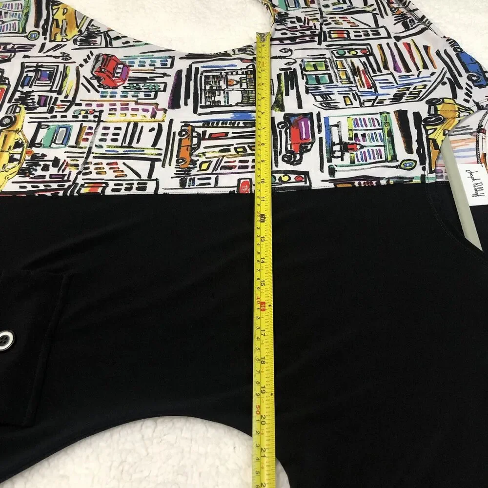 Joseph Ribkoff Dress Size 14/XL Black City Print Jersey Stretch Artsy Whimsical